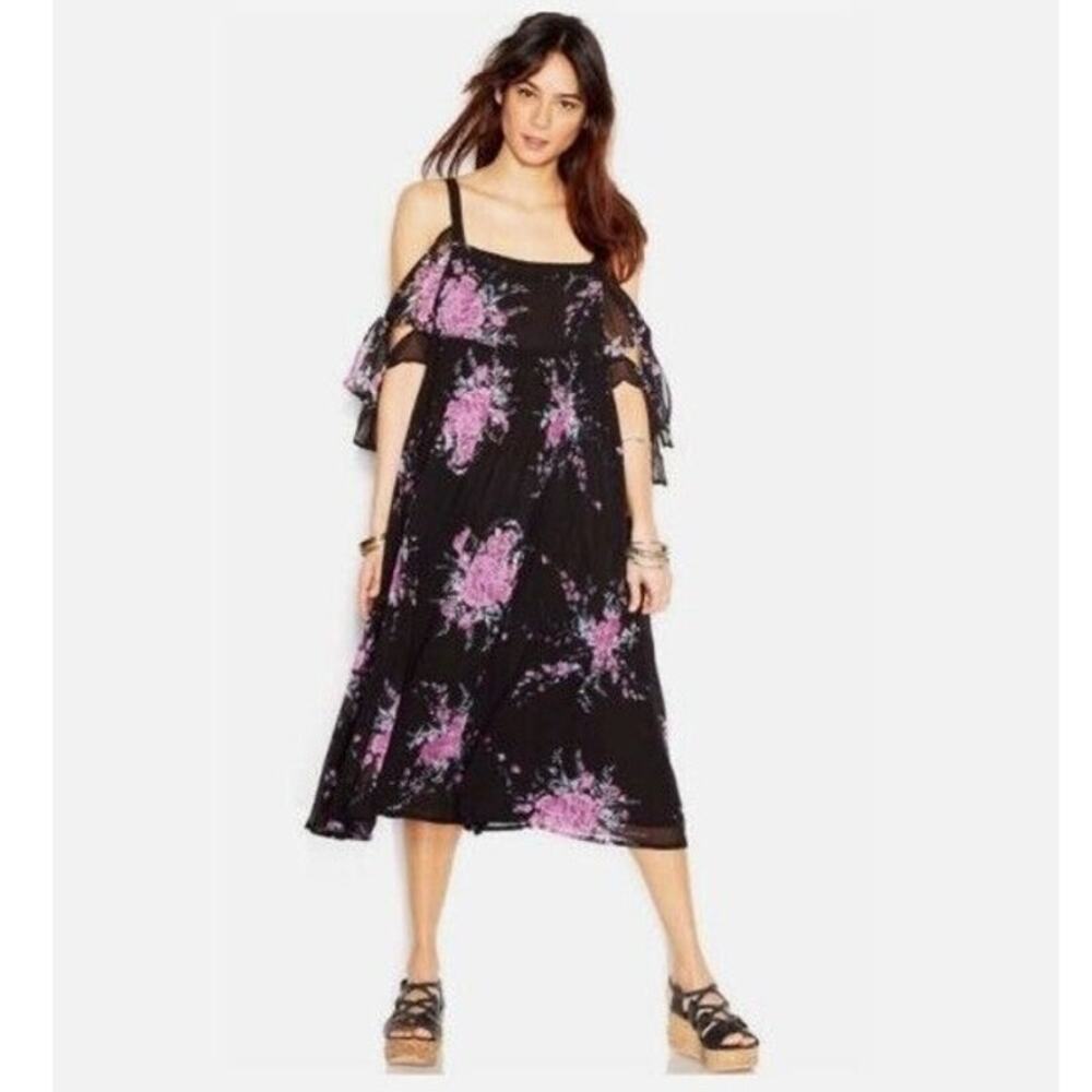 Free People "Tied to You" Chiffon Gauzy Floral Black Witchy Dress SZ SMALL Boho